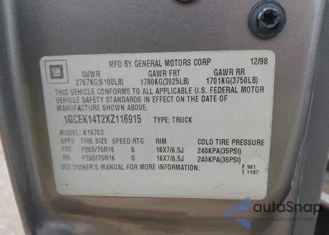 1999 Chevrolet Silverado 1500 Ls из США, поврежденный, VIN 1GCEK14T2XZ116915